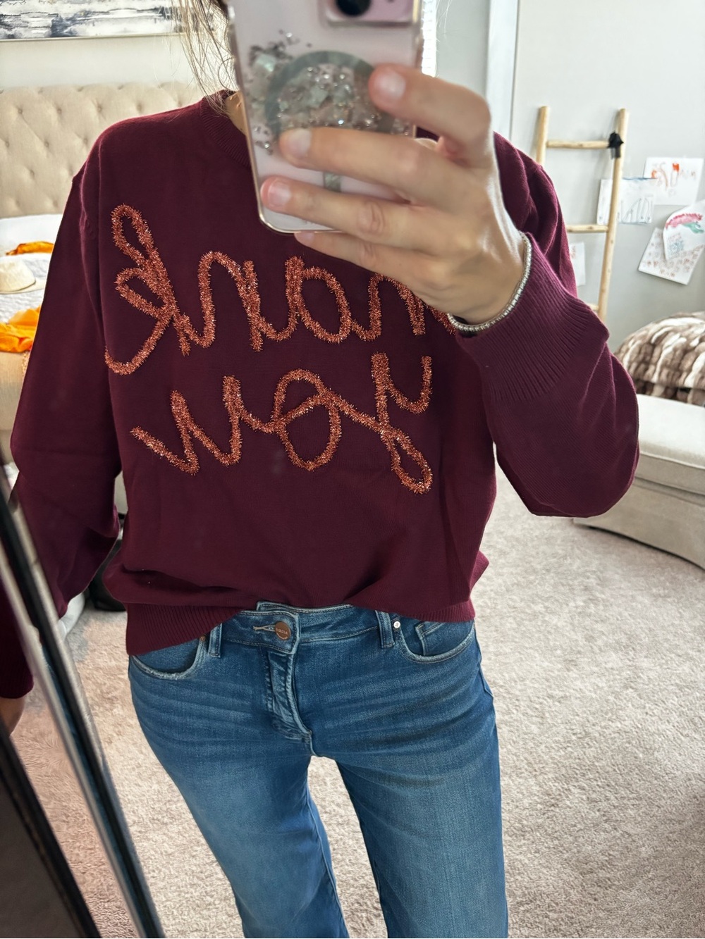 QUEEN OF SPARKLES Burgundy Sweater with Metallic Copper Script “thank you”